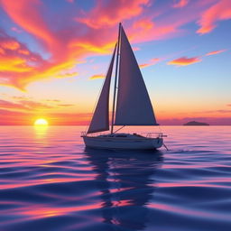 A vivid animation scene depicting a sailboat drifting aimlessly in the serene ocean without sails during a stunning sunset