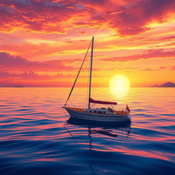 A vivid animation scene depicting a sailboat drifting aimlessly in the serene ocean without sails during a stunning sunset