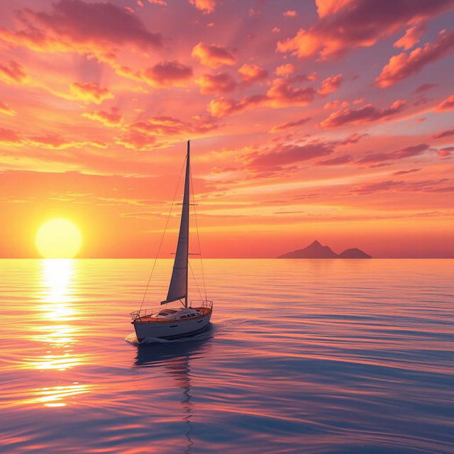 A vivid animation scene depicting a sailboat drifting aimlessly in the serene ocean without sails during a stunning sunset