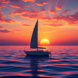 A vivid animation scene depicting a sailboat drifting aimlessly in the serene ocean without sails during a stunning sunset