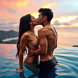 A sensual scene set in a stunning infinity pool in Bali, featuring a college girl portrayed by a captivating actress with long dark hair, passionately making out with her male classmate