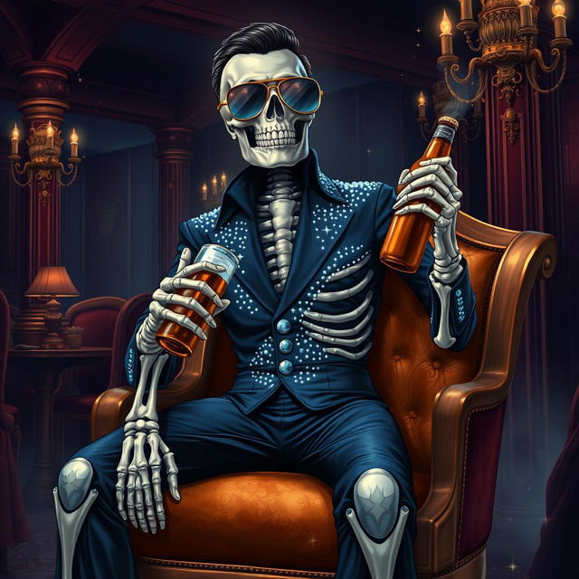 A fantasy illustration of a skeleton Elvis impersonator wearing a navy jumpsuit adorned with sparkling rhinestones that resemble stars in the night sky