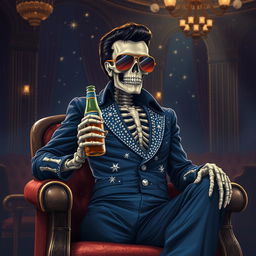 A fantasy illustration of a skeleton Elvis impersonator wearing a navy jumpsuit adorned with sparkling rhinestones that resemble stars in the night sky