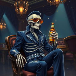 A fantasy illustration of a skeleton Elvis impersonator wearing a navy jumpsuit adorned with sparkling rhinestones that resemble stars in the night sky
