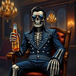 A fantasy illustration of a skeleton Elvis impersonator wearing a navy jumpsuit adorned with sparkling rhinestones that resemble stars in the night sky