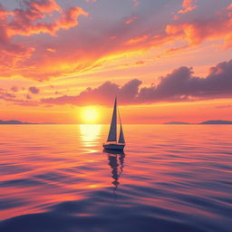 A vivid animation scene illustrating a sailboat drifting aimlessly in the expansive ocean without any sails during a stunning sunset