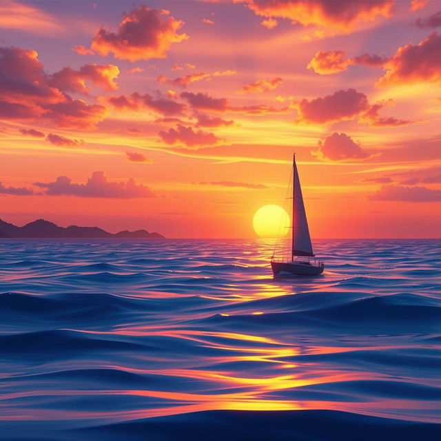 A vivid animation scene illustrating a sailboat drifting aimlessly in the expansive ocean without any sails during a stunning sunset