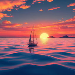 A vivid animation scene capturing a sailboat drifting aimlessly in the expansive ocean without sails, bathed in the radiant glow of a stunning sunset