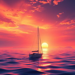 A vivid animation scene capturing a sailboat drifting aimlessly in the expansive ocean without sails, bathed in the radiant glow of a stunning sunset