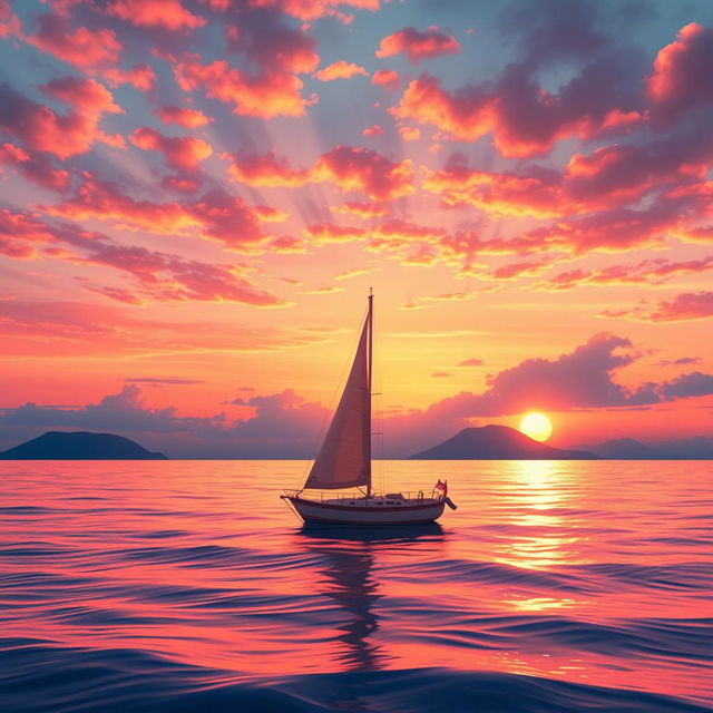 A vivid animation scene capturing a sailboat drifting aimlessly in the expansive ocean without sails, bathed in the radiant glow of a stunning sunset