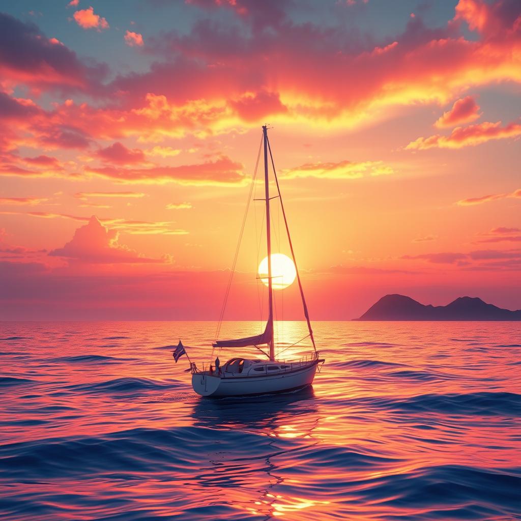 A vivid animation scene capturing a sailboat drifting aimlessly in the expansive ocean without sails, bathed in the radiant glow of a stunning sunset