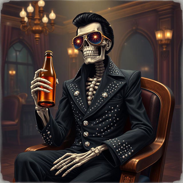 A fantasy illustration of a skeleton Elvis impersonator dressed in a black jumpsuit decorated with sparkling rhinestones that mimic stars in the night sky