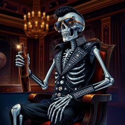 A fantasy illustration of a skeleton Elvis impersonator dressed in a black jumpsuit decorated with sparkling rhinestones that mimic stars in the night sky