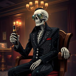 A fantasy illustration of a skeleton Elvis impersonator dressed in a black jumpsuit decorated with sparkling rhinestones that mimic stars in the night sky