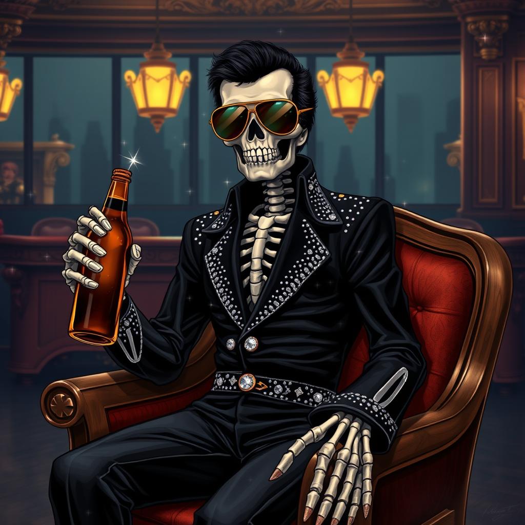 A fantasy illustration of a skeleton Elvis impersonator dressed in a black jumpsuit decorated with sparkling rhinestones that mimic stars in the night sky