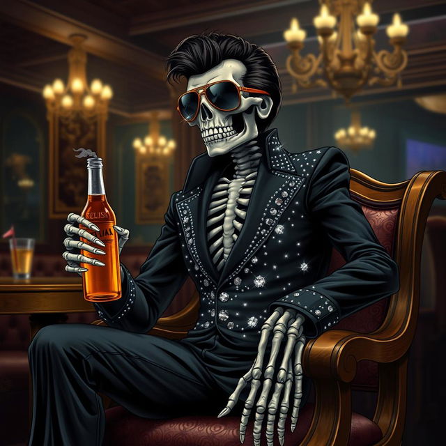 A fantasy illustration of a skeleton Elvis impersonator adorned in a black jumpsuit embellished with sparkling rhinestones that beautifully imitate stars in the night sky