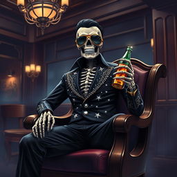 A fantasy illustration of a skeleton Elvis impersonator adorned in a black jumpsuit embellished with sparkling rhinestones that beautifully imitate stars in the night sky