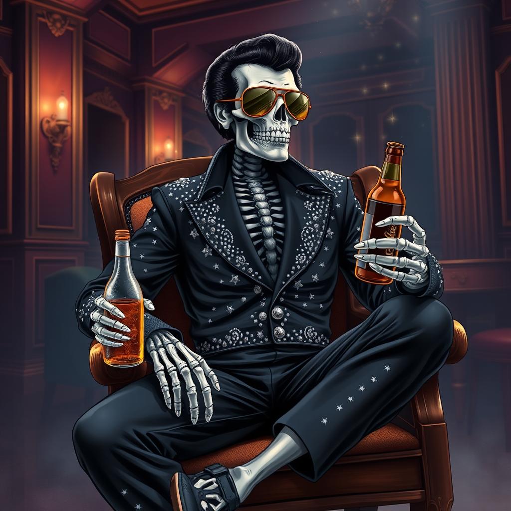 A fantasy illustration of a skeleton Elvis impersonator adorned in a black jumpsuit embellished with sparkling rhinestones that beautifully imitate stars in the night sky