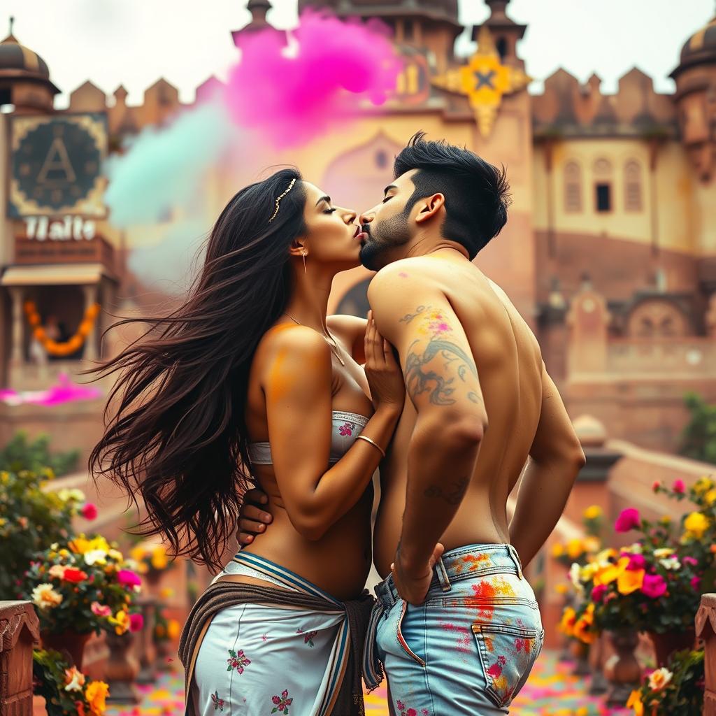 A sensual scene set at a historic fort in Rajasthan during the vibrant festival of Holi, featuring a college girl portrayed by a stunning actress with long flowing hair, deeply engaged in a passionate kiss with her male classmate