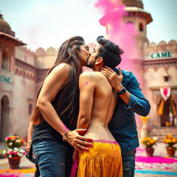 A sensual scene set at a historic fort in Rajasthan during the vibrant festival of Holi, featuring a college girl portrayed by a stunning actress with long flowing hair, deeply engaged in a passionate kiss with her male classmate