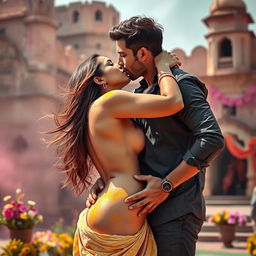 A sensual scene set at a historic fort in Rajasthan during the vibrant festival of Holi, featuring a college girl portrayed by a stunning actress with long flowing hair, deeply engaged in a passionate kiss with her male classmate
