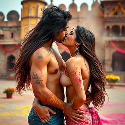 A sensual scene set at a historic fort in Rajasthan during the vibrant festival of Holi, featuring a college girl portrayed by a stunning actress with long flowing hair, deeply engaged in a passionate kiss with her male classmate
