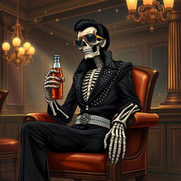 A fantasy illustration of a skeleton Elvis impersonator dressed in a black jumpsuit embellished with sparkling rhinestones that emulate stars in the night sky