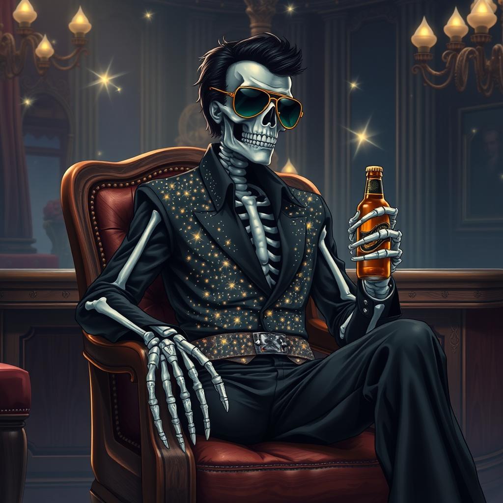 A fantasy illustration of a skeleton Elvis impersonator dressed in a black jumpsuit embellished with sparkling rhinestones that emulate stars in the night sky