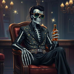 A fantasy illustration of a skeleton Elvis impersonator dressed in a black jumpsuit embellished with sparkling rhinestones that emulate stars in the night sky