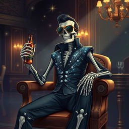 A fantasy illustration of a skeleton Elvis impersonator dressed in a black jumpsuit embellished with sparkling rhinestones that emulate stars in the night sky