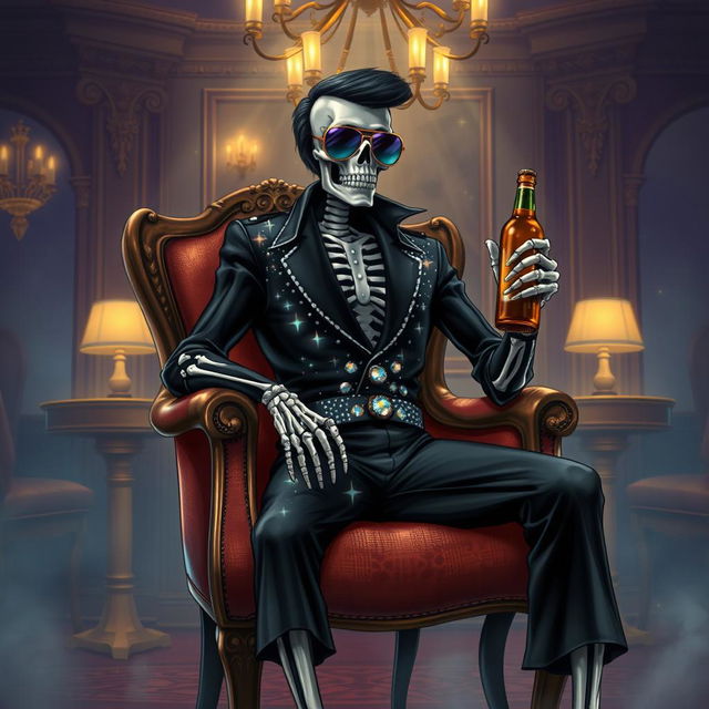 A fantasy illustration of a skeleton Elvis impersonator dressed in a black jumpsuit embellished with sparkling rhinestones that emulate stars in the night sky