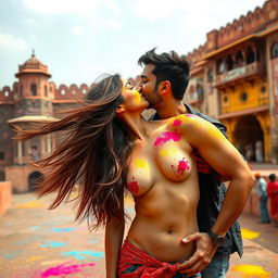 A sensual scene set at a historic fort in Rajasthan during the vibrant festival of Holi, featuring a college girl portrayed by a stunning actress with long flowing hair, deeply engaged in a passionate kiss with her male classmate