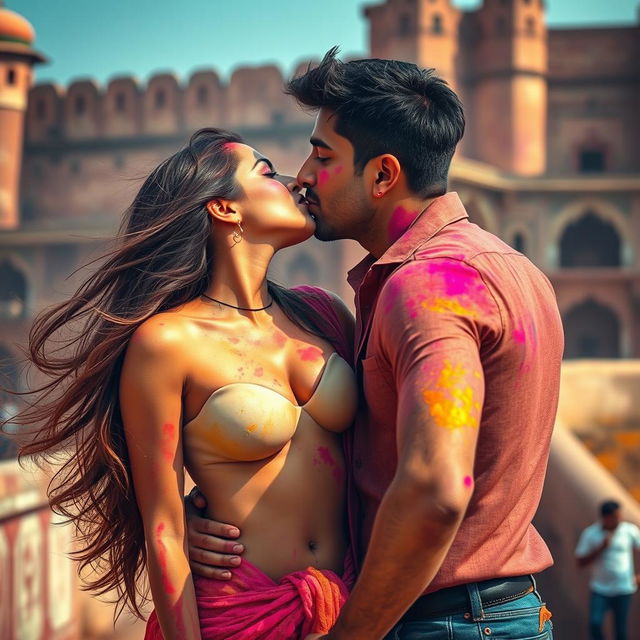 A sensual scene set at a historic fort in Rajasthan during the vibrant festival of Holi, featuring a college girl portrayed by a stunning actress with long flowing hair, deeply engaged in a passionate kiss with her male classmate