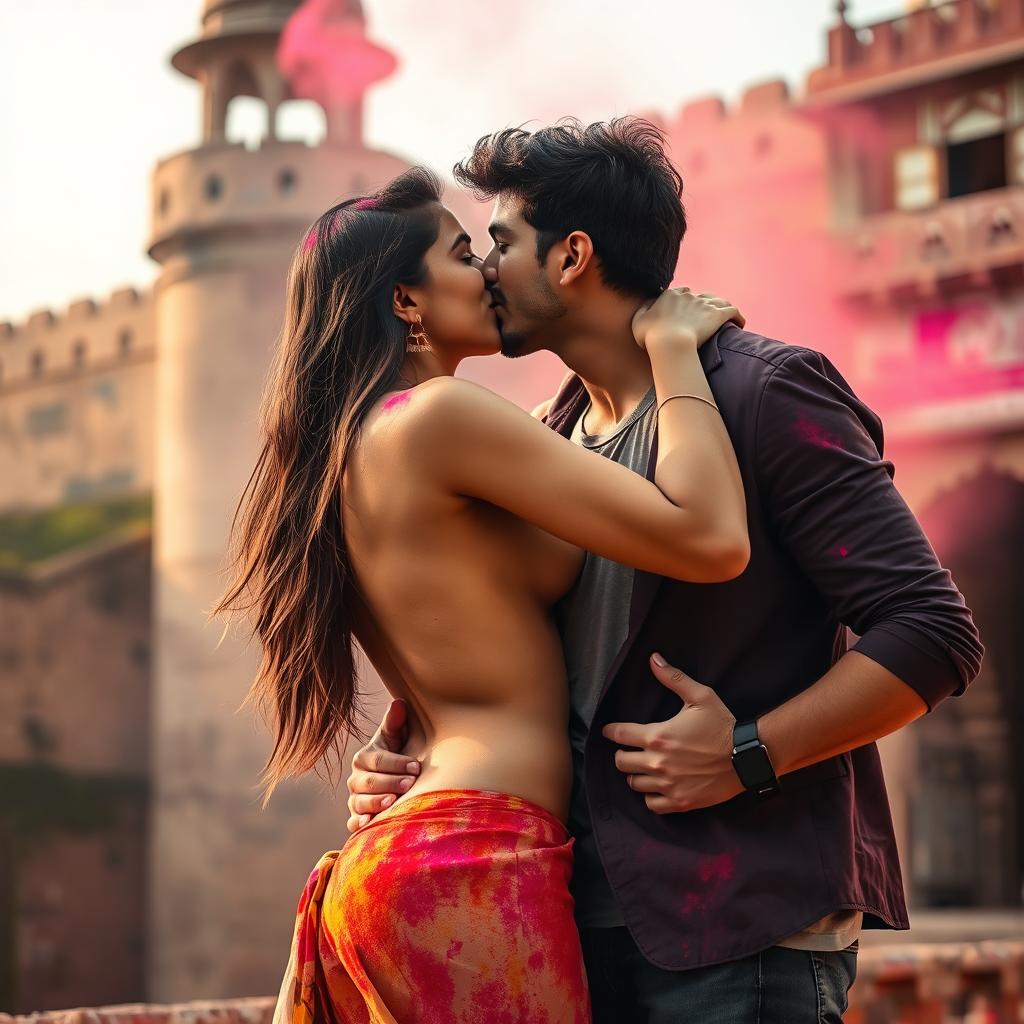 A sensual scene set at a historic fort in Rajasthan during the vibrant festival of Holi, featuring a college girl portrayed by a stunning actress with long flowing hair, deeply engaged in a passionate kiss with her male classmate