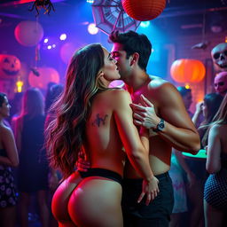 A sensual scene set at a lively Halloween party, featuring a college girl portrayed by a captivating actress with long, flowing hair, dressed in an eye-catching, costume-inspired look, deeply engaged in a passionate kiss with her male classmate