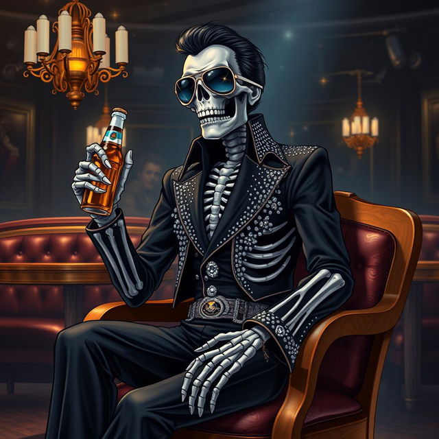 A fantasy illustration of a skeleton Elvis impersonator, embodying the god of death and dreams, dressed in a striking black jumpsuit adorned with shimmering rhinestones that resemble stars in the night sky