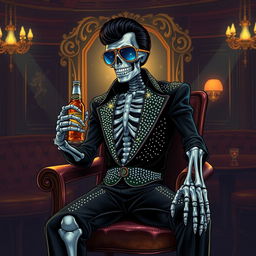 A fantasy illustration of a skeleton Elvis impersonator, embodying the god of death and dreams, dressed in a striking black jumpsuit adorned with shimmering rhinestones that resemble stars in the night sky