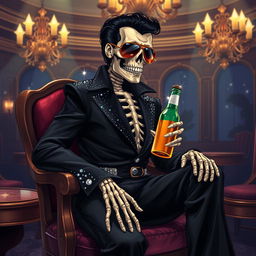 A fantasy illustration of a skeleton Elvis impersonator, embodying the god of death and dreams, dressed in a striking black jumpsuit adorned with shimmering rhinestones that resemble stars in the night sky