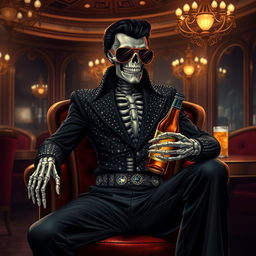 A fantasy illustration of a skeleton Elvis impersonator, embodying the god of death and dreams, dressed in a striking black jumpsuit adorned with shimmering rhinestones that resemble stars in the night sky