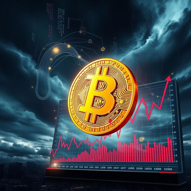 A visually striking representation of a Bitcoin symbol in a downward spiral, surrounded by digital data streams and a graph showcasing a falling price