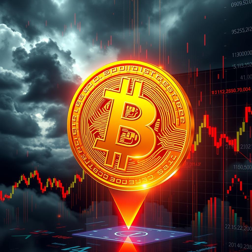 A visually striking representation of a Bitcoin symbol in a downward spiral, surrounded by digital data streams and a graph showcasing a falling price