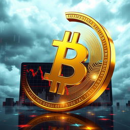 A visually striking representation of a Bitcoin symbol in a downward spiral, surrounded by digital data streams and a graph showcasing a falling price