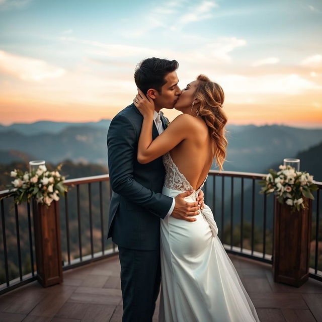 A sensual scene set on a picturesque mountain view terrace, featuring a stunning bride portrayed by a captivating actress, intimately engaged in a passionate kiss with her husband