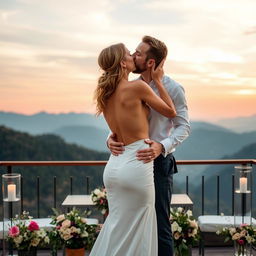 A sensual scene set on a picturesque mountain view terrace, featuring a stunning bride portrayed by a captivating actress, intimately engaged in a passionate kiss with her husband