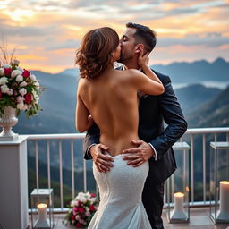 A sensual scene set on a picturesque mountain view terrace, featuring a stunning bride portrayed by a captivating actress, intimately engaged in a passionate kiss with her husband