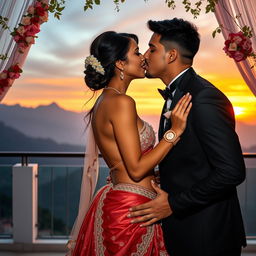 A sensual scene set on a stunning mountain view terrace, featuring an Indian bride, portrayed by a striking actress, engaged in a passionate kiss with her husband