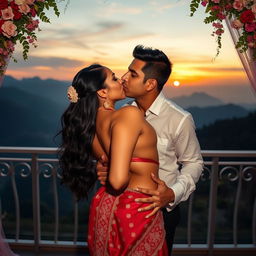 A sensual scene set on a stunning mountain view terrace, featuring an Indian bride, portrayed by a striking actress, engaged in a passionate kiss with her husband