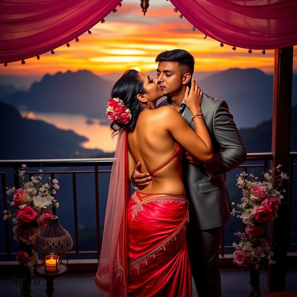 A sensual scene set on a stunning mountain view terrace, featuring an Indian bride, portrayed by a striking actress, engaged in a passionate kiss with her husband