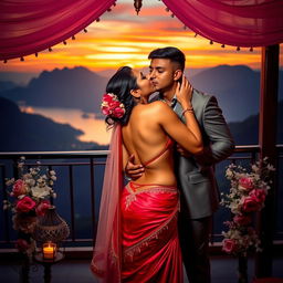 A sensual scene set on a stunning mountain view terrace, featuring an Indian bride, portrayed by a striking actress, engaged in a passionate kiss with her husband