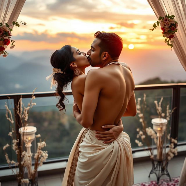 A sensual scene set on a stunning mountain view terrace, featuring an Indian bride, portrayed by a striking actress, engaged in a passionate kiss with her husband